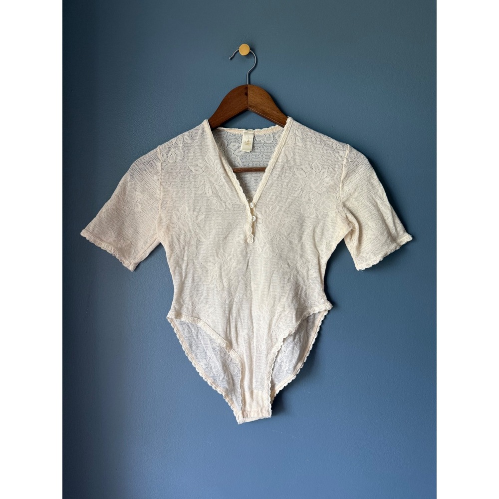 Vintage Victorias Secret Gold Label Ivory Floral Lace Bodysuit Henley USA Small